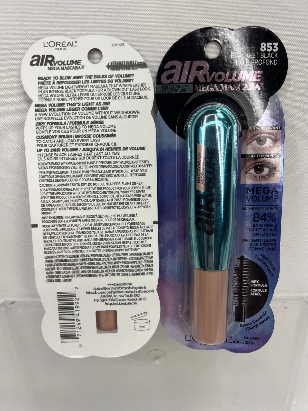 (2) L'Oreal 853 Blackest Black Air Volume Lightweight Washable Mega Mascara