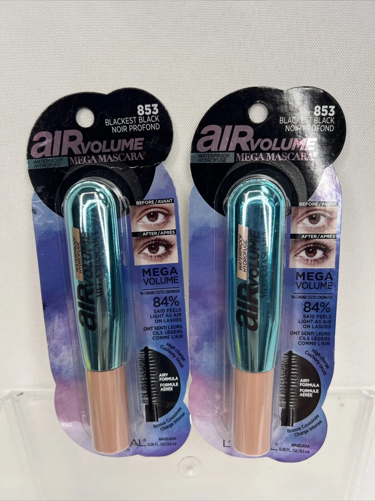 (2) L'Oreal 853 Blackest Black Air Volume Lightweight Washable Mega Mascara