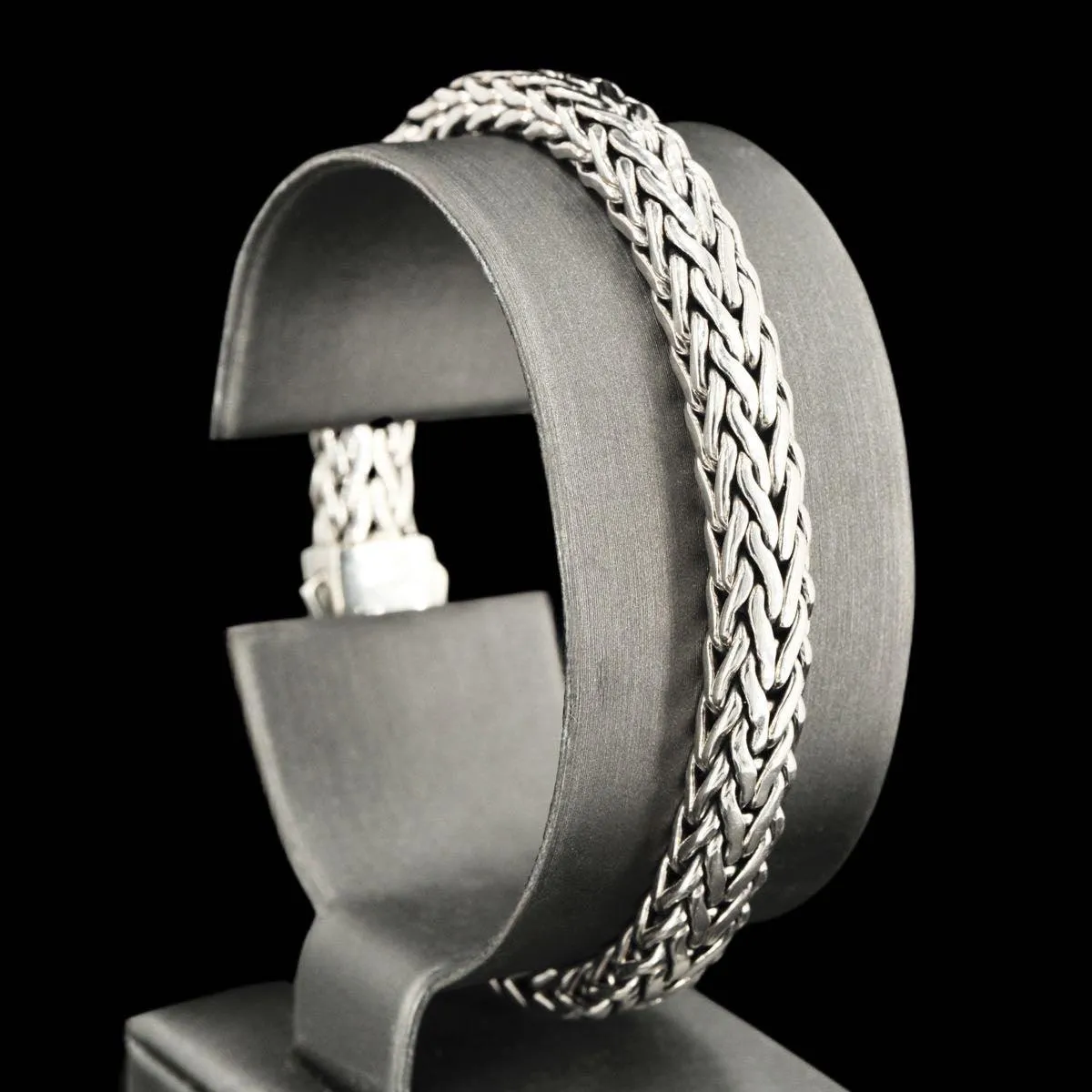 7mm Italian Sterling Silver Wide Wheat Patterned 8.25 inches Bracelet with White Sapphire Square Cluster at Clasp. Flash