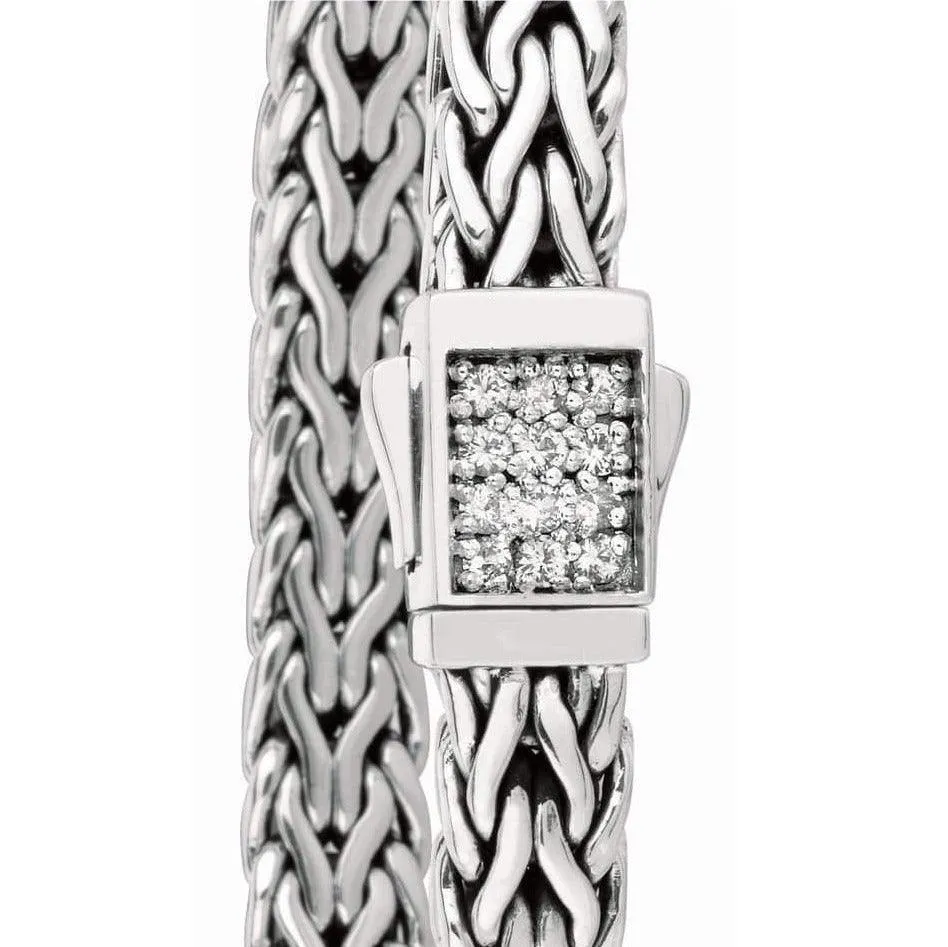 7mm Italian Sterling Silver Wide Wheat Patterned 8.25 inches Bracelet with White Sapphire Square Cluster at Clasp. Flash