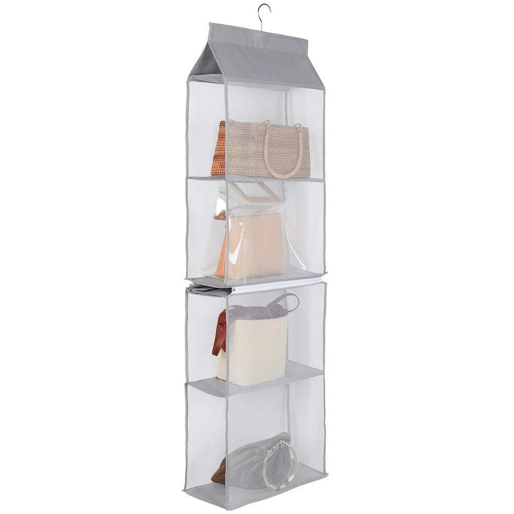 Aoolife Hanging Purse Handbag Organizer,Clear Hanging Shelf Bag Collection Storage Holder-Dust-Proof Closet Wardrobe Hatstand Space Saver,4 Shelf（Grey）