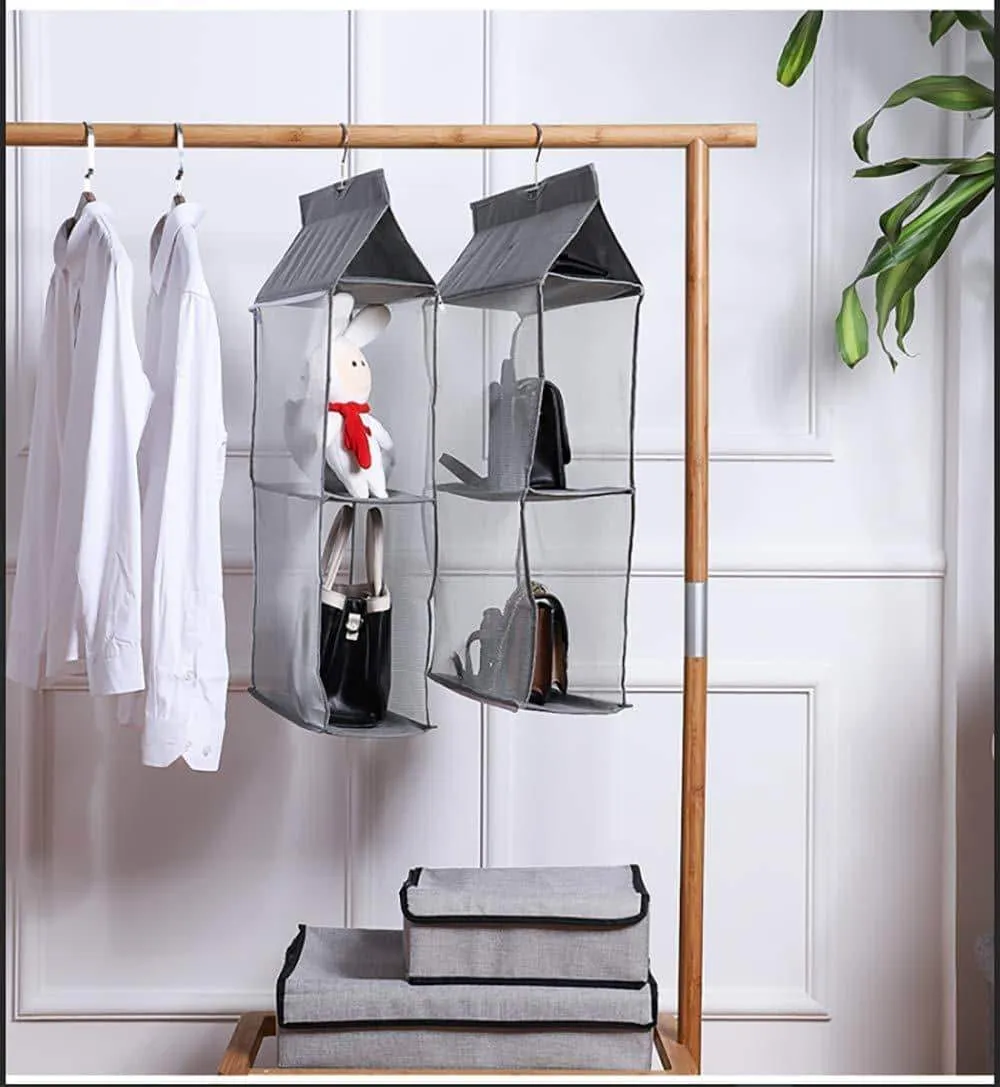 Aoolife Hanging Purse Handbag Organizer,Clear Hanging Shelf Bag Collection Storage Holder-Dust-Proof Closet Wardrobe Hatstand Space Saver,4 Shelf（Grey）