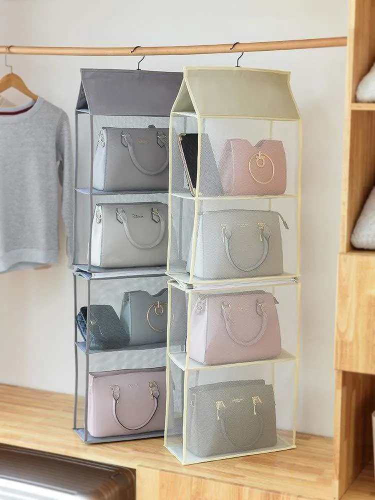 Aoolife Hanging Purse Handbag Organizer,Clear Hanging Shelf Bag Collection Storage Holder-Dust-Proof Closet Wardrobe Hatstand Space Saver,4 Shelf（Grey）