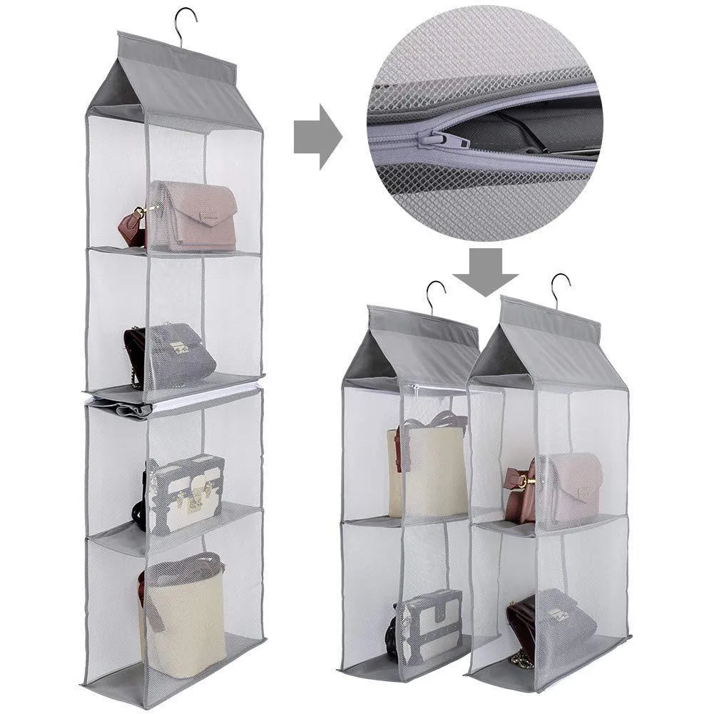 Aoolife Hanging Purse Handbag Organizer,Clear Hanging Shelf Bag Collection Storage Holder-Dust-Proof Closet Wardrobe Hatstand Space Saver,4 Shelf（Grey）