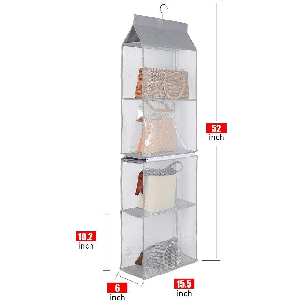 Aoolife Hanging Purse Handbag Organizer,Clear Hanging Shelf Bag Collection Storage Holder-Dust-Proof Closet Wardrobe Hatstand Space Saver,4 Shelf（Grey）
