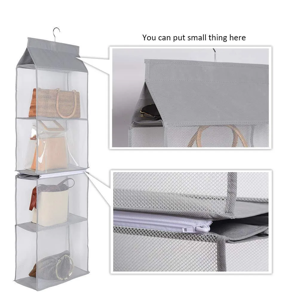 Aoolife Hanging Purse Handbag Organizer,Clear Hanging Shelf Bag Collection Storage Holder-Dust-Proof Closet Wardrobe Hatstand Space Saver,4 Shelf（Grey）