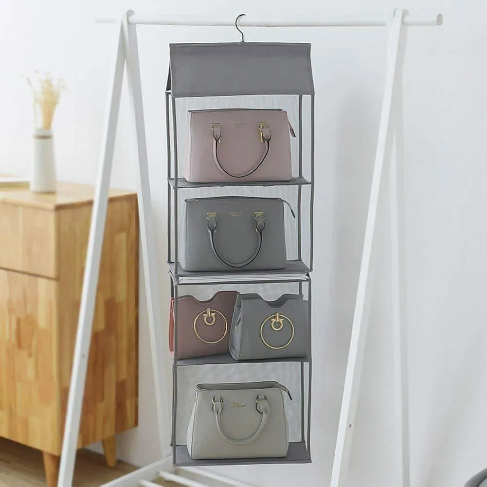 Aoolife Hanging Purse Handbag Organizer,Clear Hanging Shelf Bag Collection Storage Holder-Dust-Proof Closet Wardrobe Hatstand Space Saver,4 Shelf（Grey）