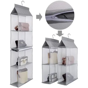 Aoolife Hanging Purse Handbag Organizer,Clear Hanging Shelf Bag Collection Storage Holder-Dust-Proof Closet Wardrobe Hatstand Space Saver,4 Shelf（Grey）