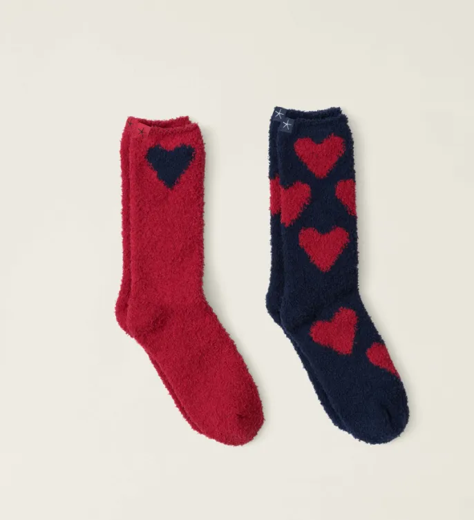 Barefoot Dreams CozyChic Heart Print Sock Set - Marine - Scarlet