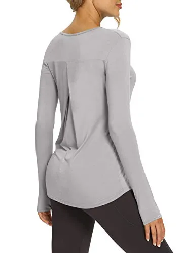 Bestisun Women's Long Sleeve Workout Shirts Open Back Shirts Athletic Exercise Tops Muscle Sports Clothing Gym Wear Fall Winter Clothes Gray S