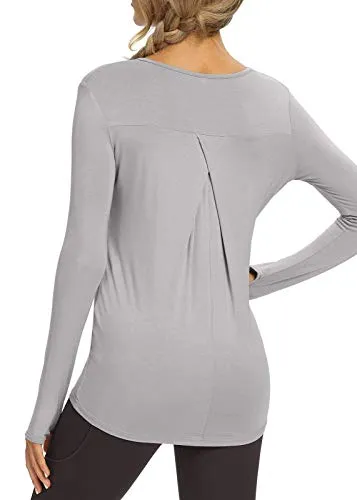 Bestisun Women's Long Sleeve Workout Shirts Open Back Shirts Athletic Exercise Tops Muscle Sports Clothing Gym Wear Fall Winter Clothes Gray S