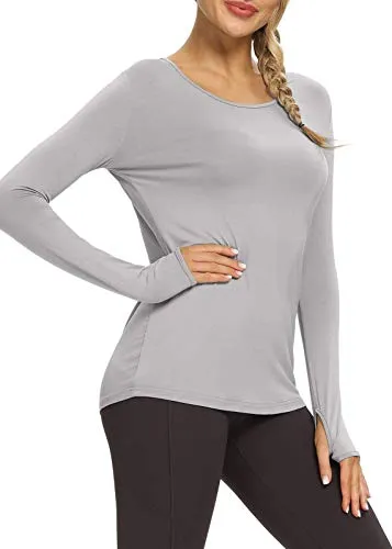 Bestisun Women's Long Sleeve Workout Shirts Open Back Shirts Athletic Exercise Tops Muscle Sports Clothing Gym Wear Fall Winter Clothes Gray S