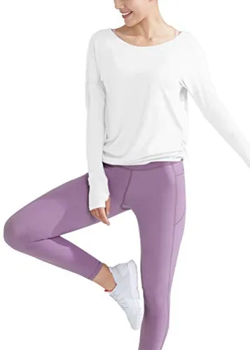 Bestisun Workout Clothes Long Sleeve Workout Shirts for Women Thumb Hole Tops Yoga Open Back Shirts Backless Activewear Tops Boatneck Gym Sports Clothing Athletic Exercise Wear for Women White L