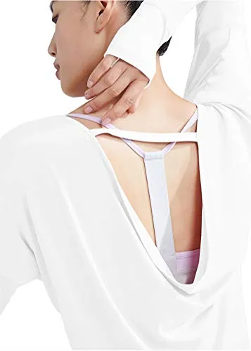 Bestisun Workout Clothes Long Sleeve Workout Shirts for Women Thumb Hole Tops Yoga Open Back Shirts Backless Activewear Tops Boatneck Gym Sports Clothing Athletic Exercise Wear for Women White L
