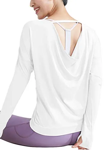 Bestisun Workout Clothes Long Sleeve Workout Shirts for Women Thumb Hole Tops Yoga Open Back Shirts Backless Activewear Tops Boatneck Gym Sports Clothing Athletic Exercise Wear for Women White L