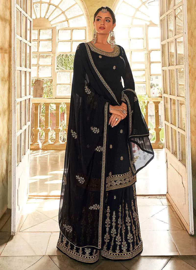 Black and Gold Heavy Embroidered Stylish Palazzo Suit