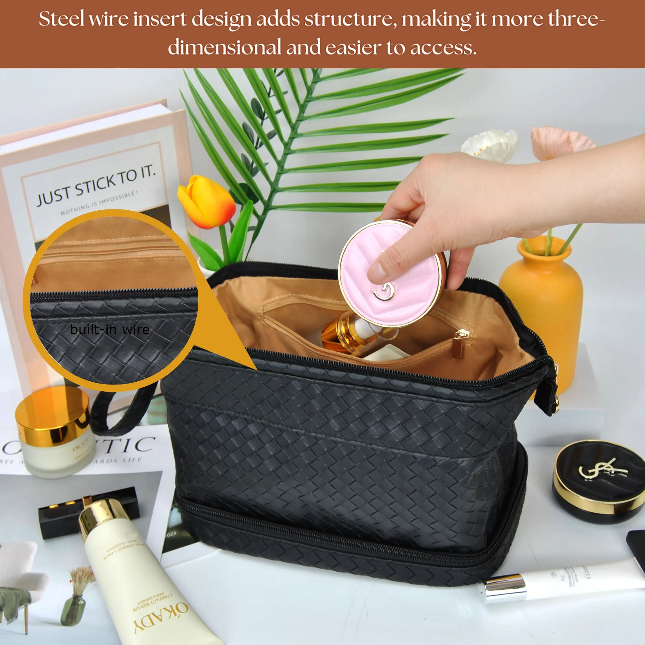 Black Woven NGIL Faux Leather Cosmetic Bag