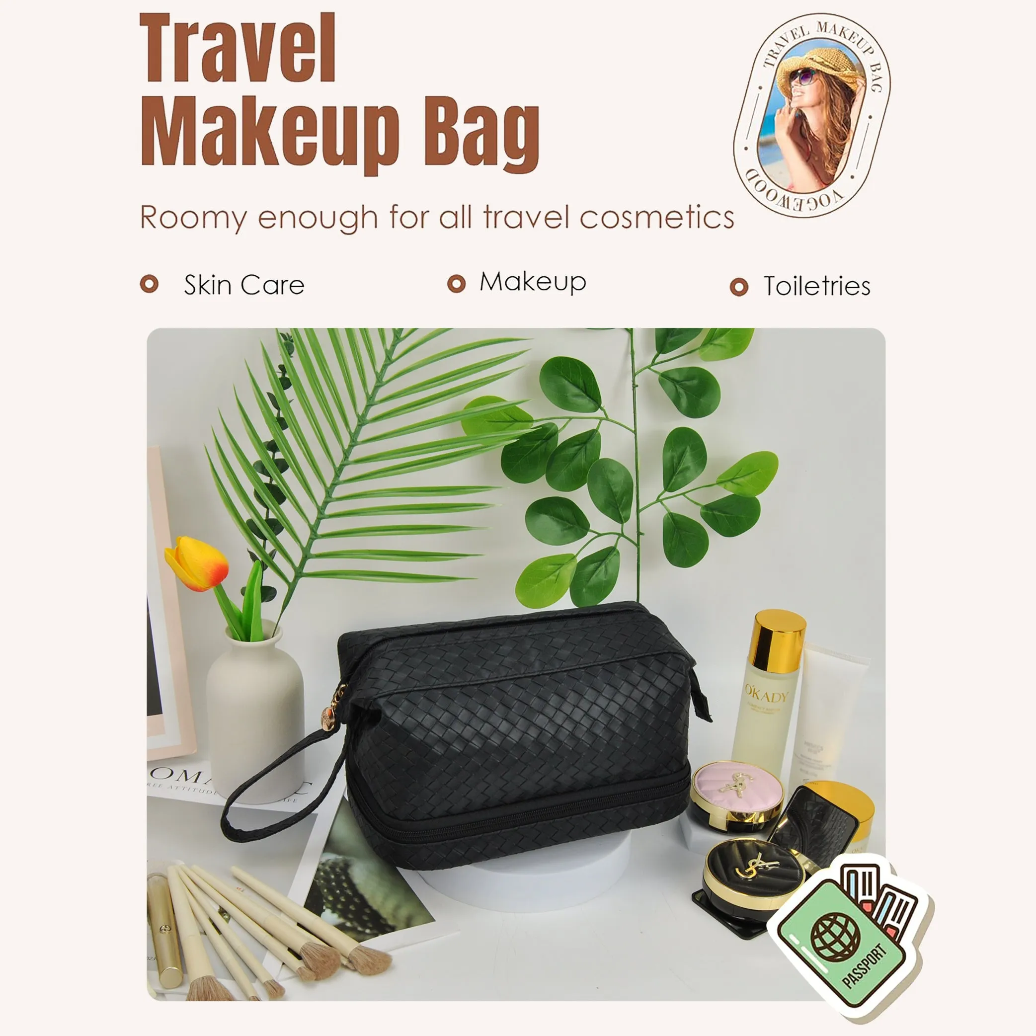 Black Woven NGIL Faux Leather Cosmetic Bag