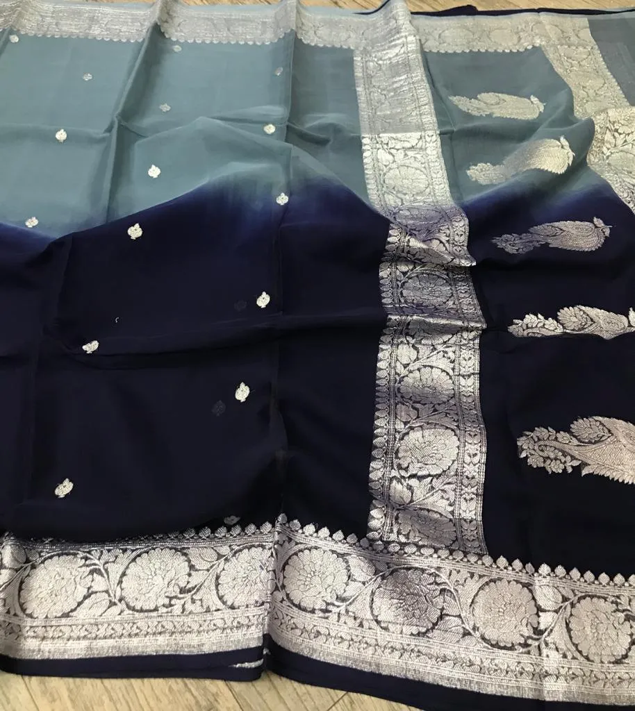 Blue Ombre Banarasi Khaddi Georgette Saree