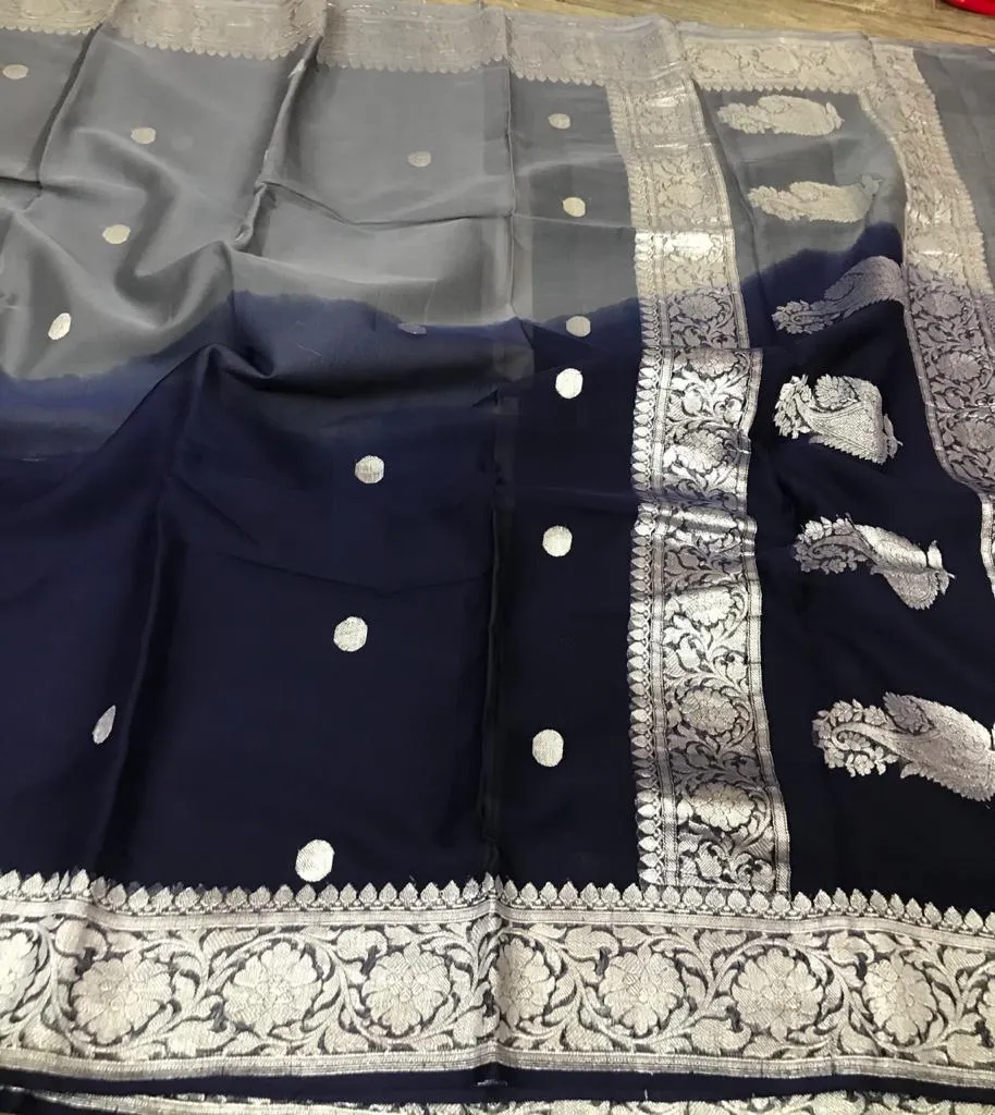 Blue Ombre Banarasi Khaddi Georgette Saree