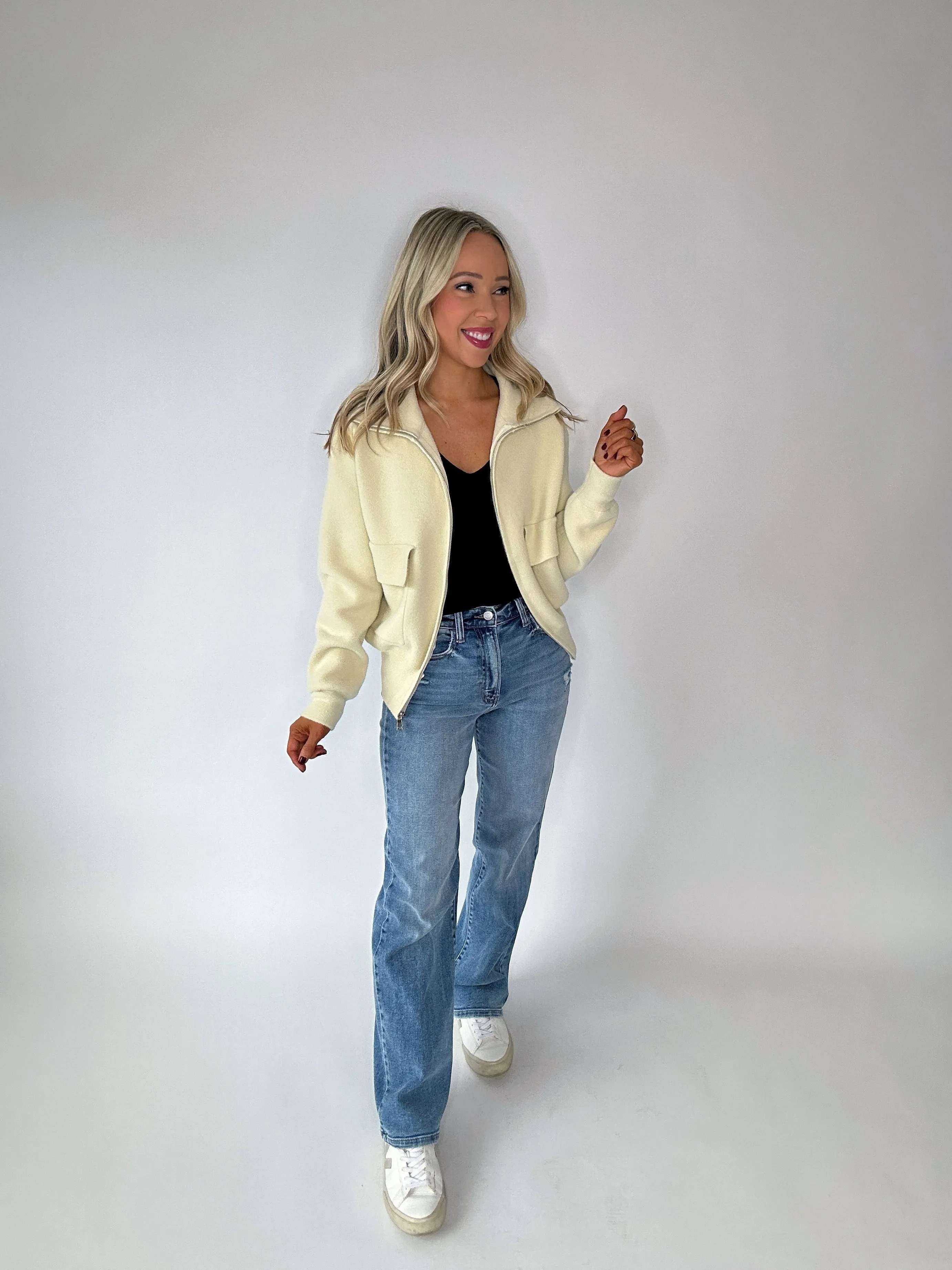 Breezy Babe Zip Up Cardigan - Cream