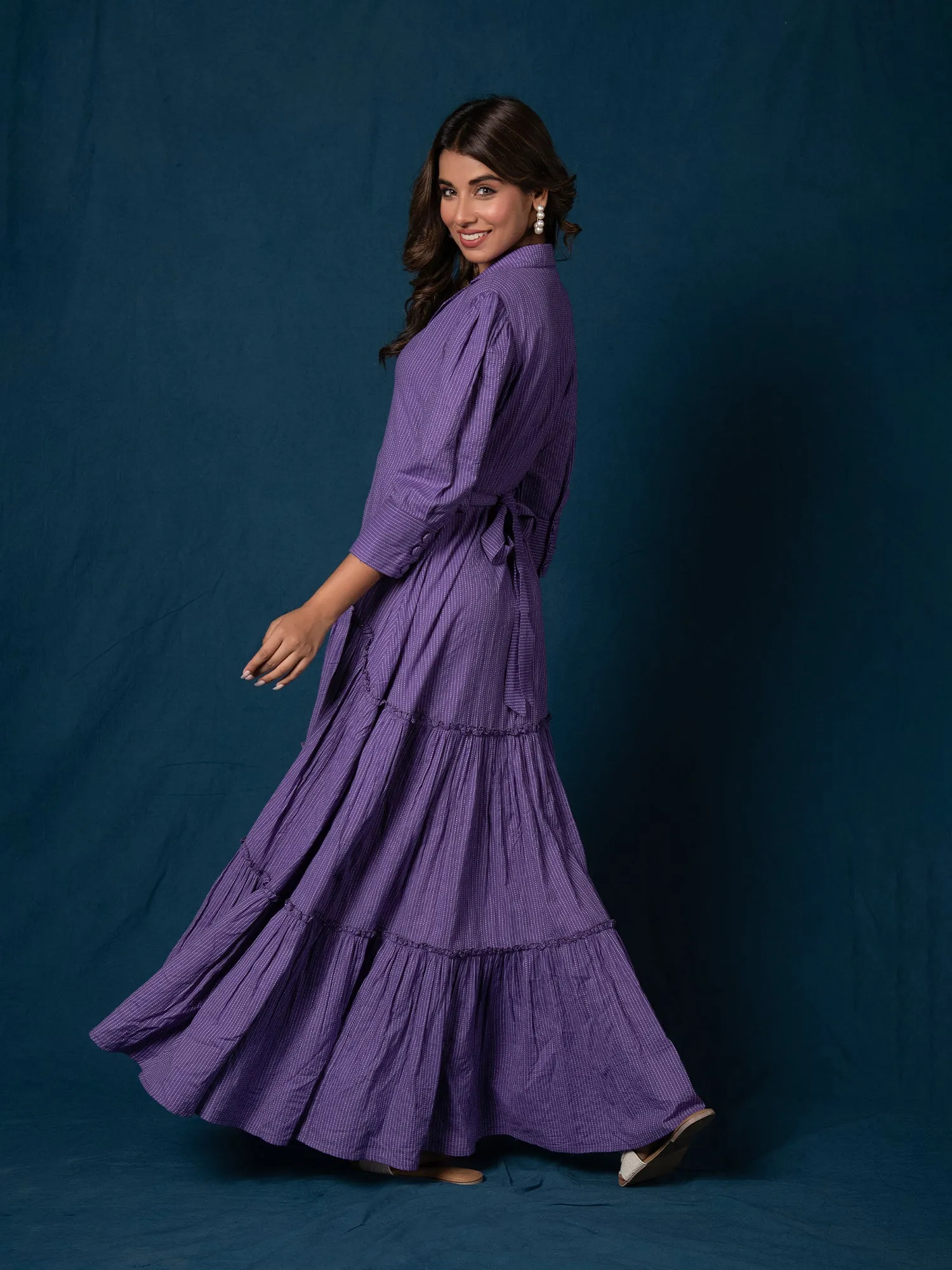 BREEZY PURPLE COTTON KANTHA TIERED DRESS
