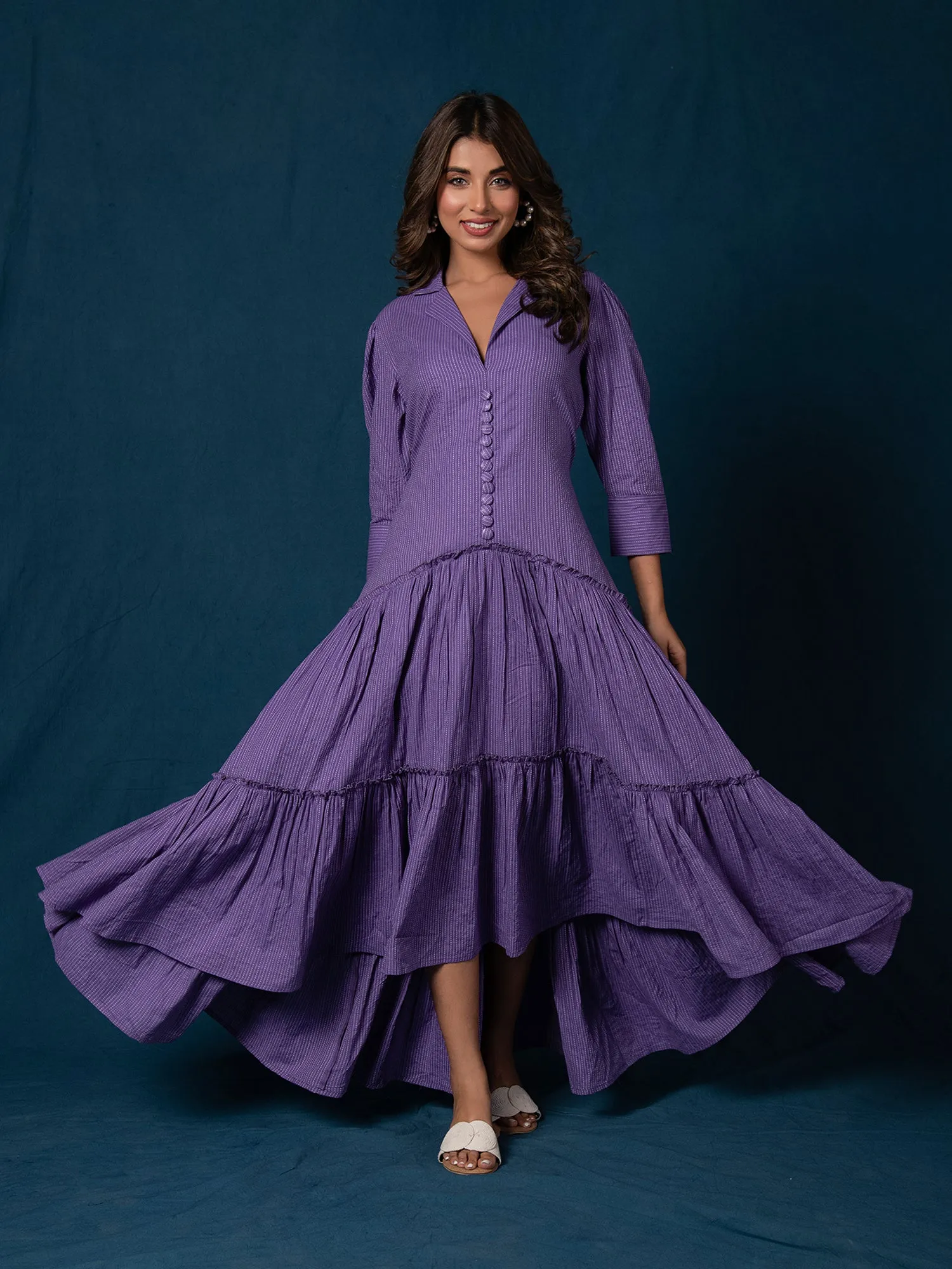 BREEZY PURPLE COTTON KANTHA TIERED DRESS