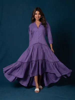 BREEZY PURPLE COTTON KANTHA TIERED DRESS