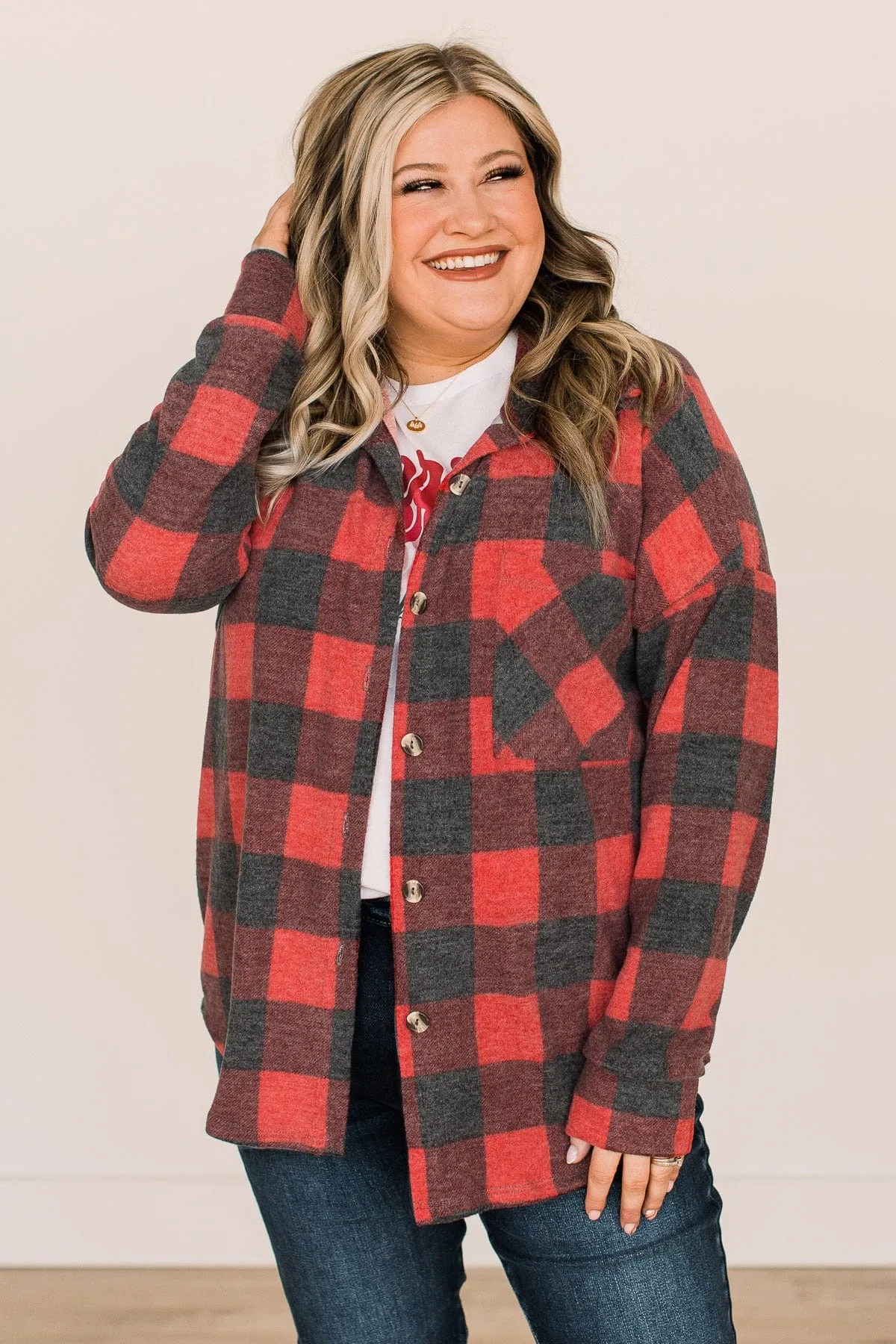 Cozy At The Cabin Plaid Button Top- Red
