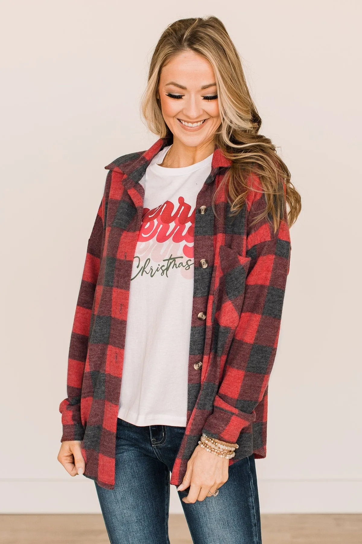 Cozy At The Cabin Plaid Button Top- Red