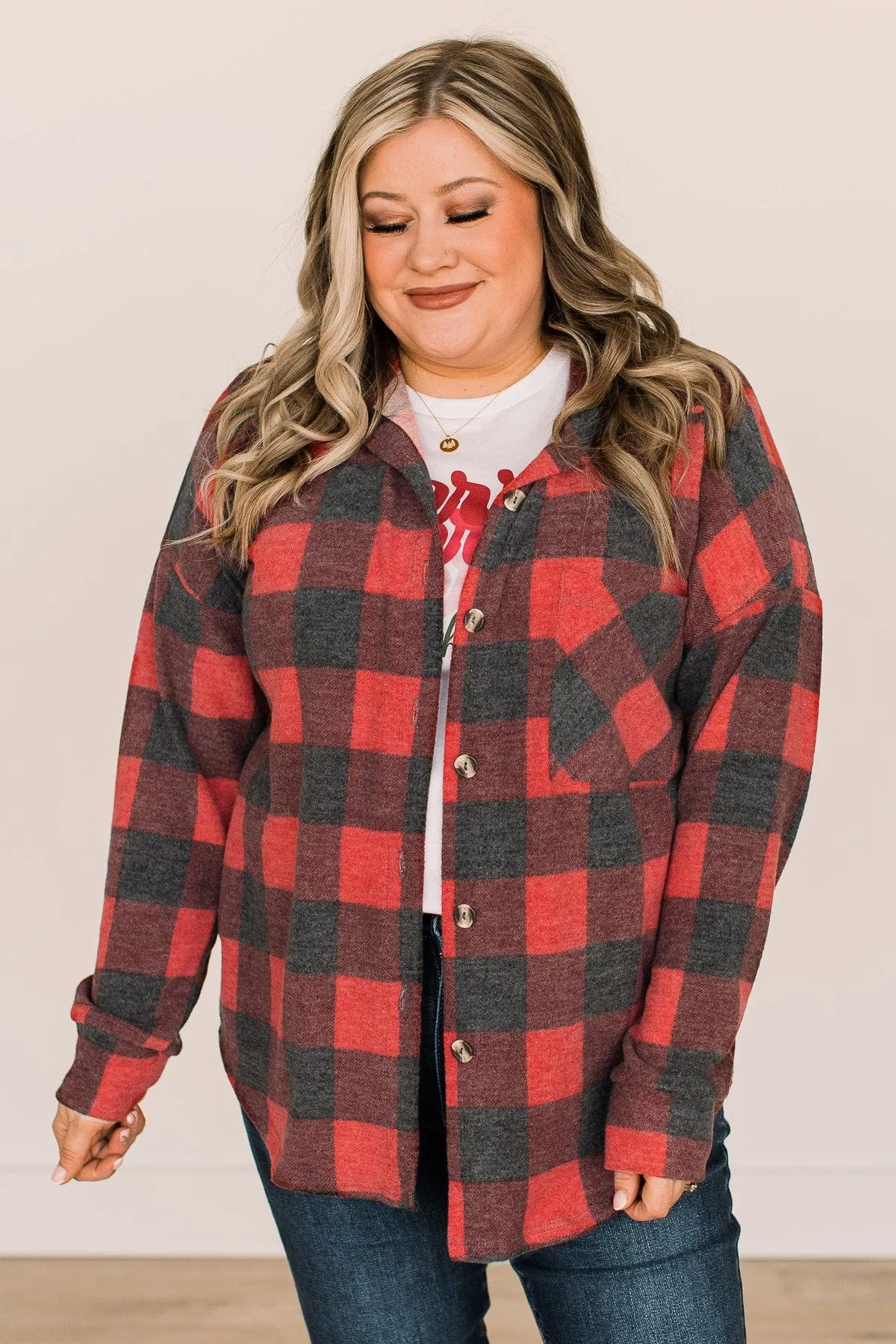 Cozy At The Cabin Plaid Button Top- Red