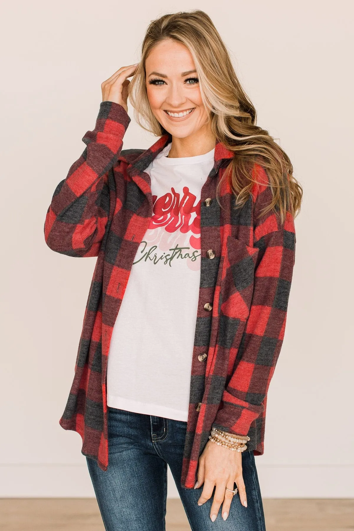 Cozy At The Cabin Plaid Button Top- Red