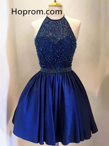 Elastic Woven Satin ShortMini A-line Halter Beading Homecoming  Dresses
