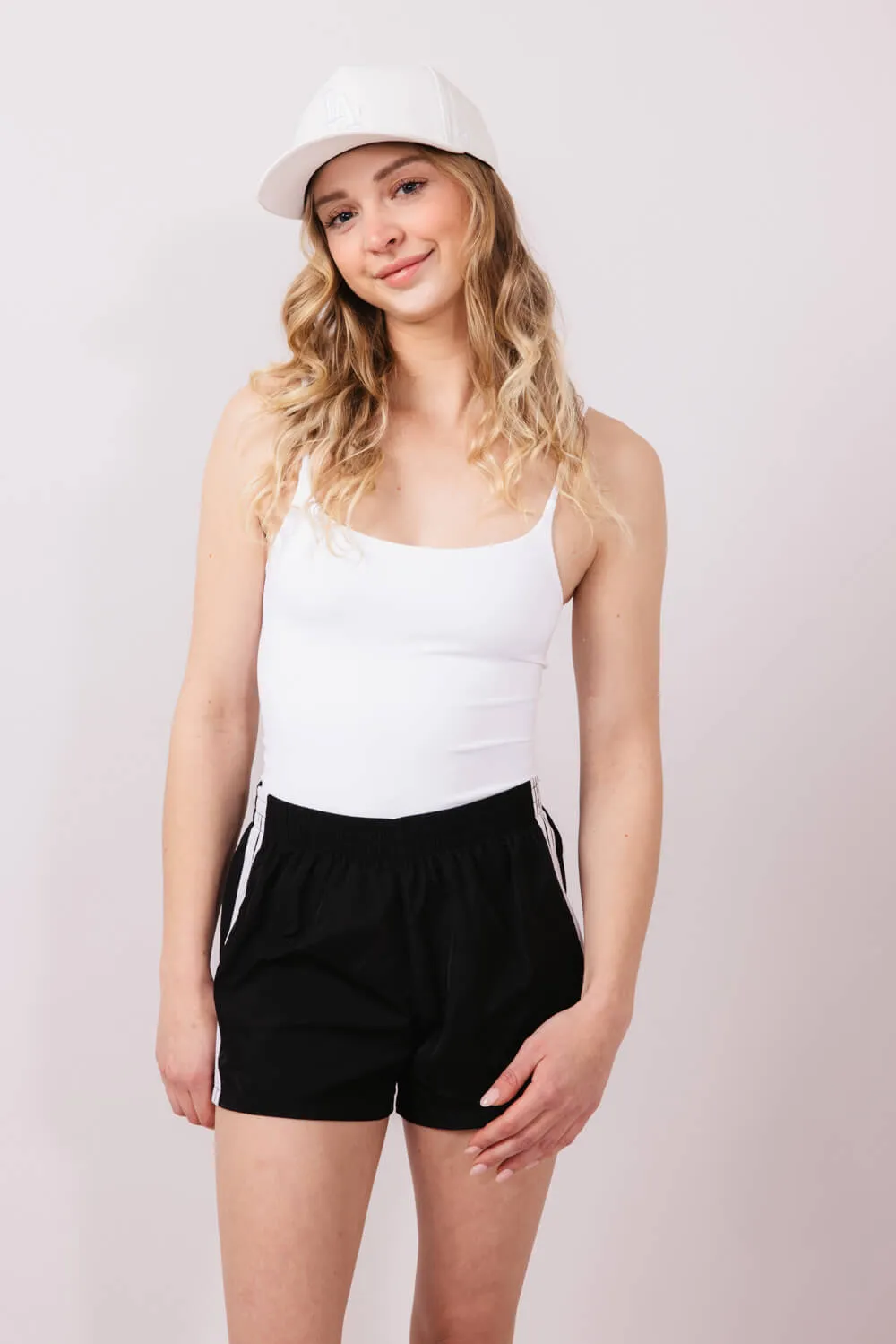 Essentials 4 Stripe Woven Track Shorts for Women in Black | AUDEY-02-BLACK