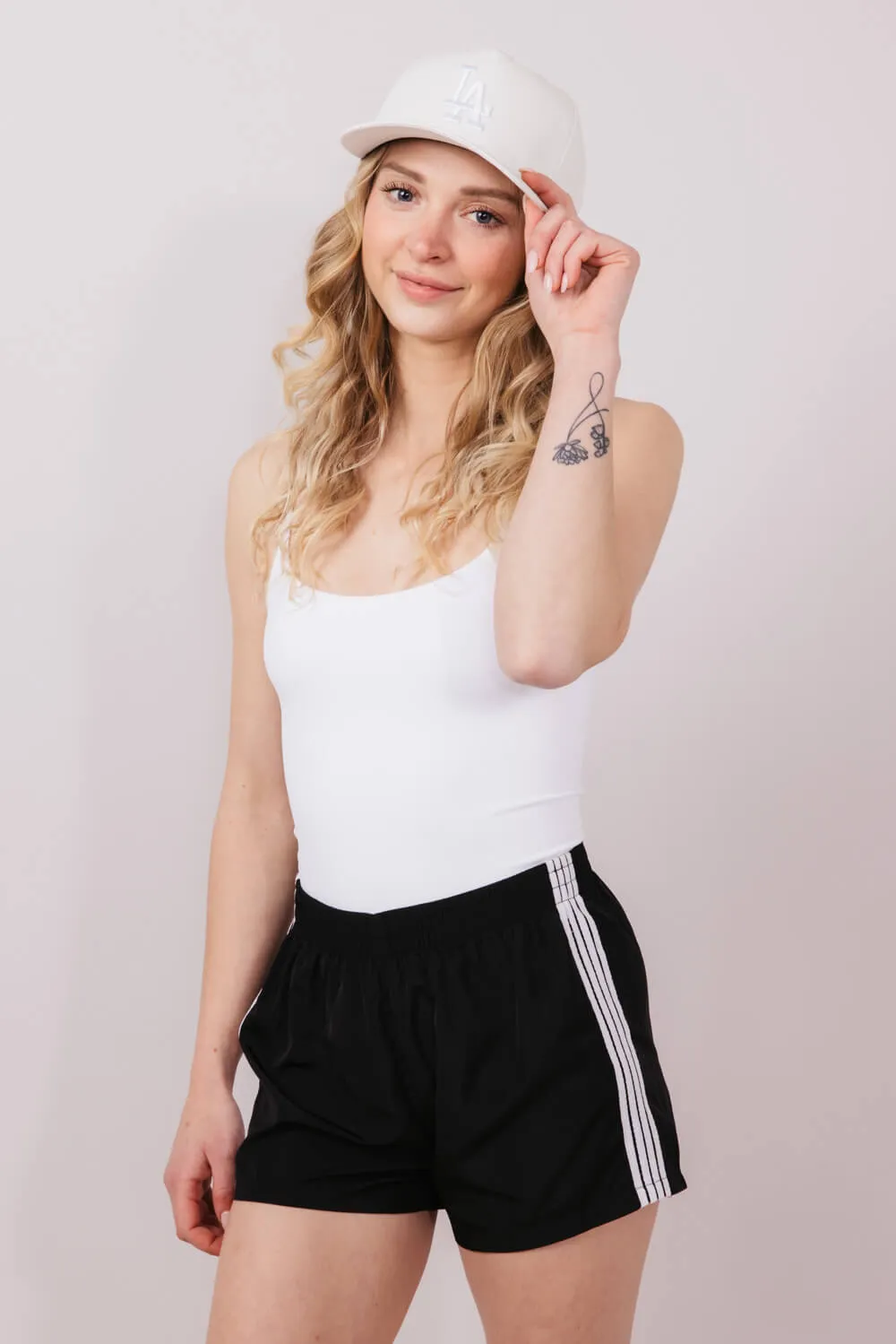 Essentials 4 Stripe Woven Track Shorts for Women in Black | AUDEY-02-BLACK