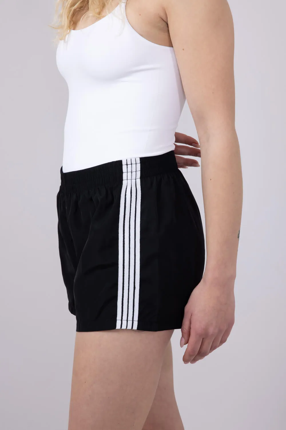 Essentials 4 Stripe Woven Track Shorts for Women in Black | AUDEY-02-BLACK