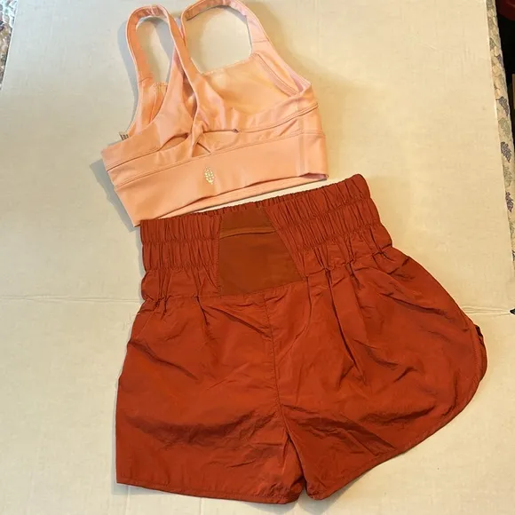 FP Movement XSmall Set In Your Corner Bra peach AND Way Home Shorts red earth