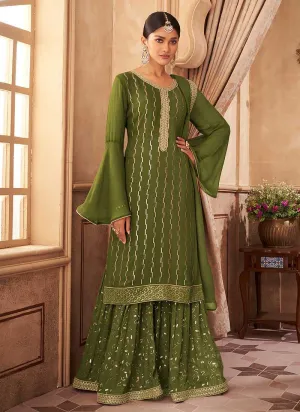 Green Embroidered Stylish Palazzo Style Suit