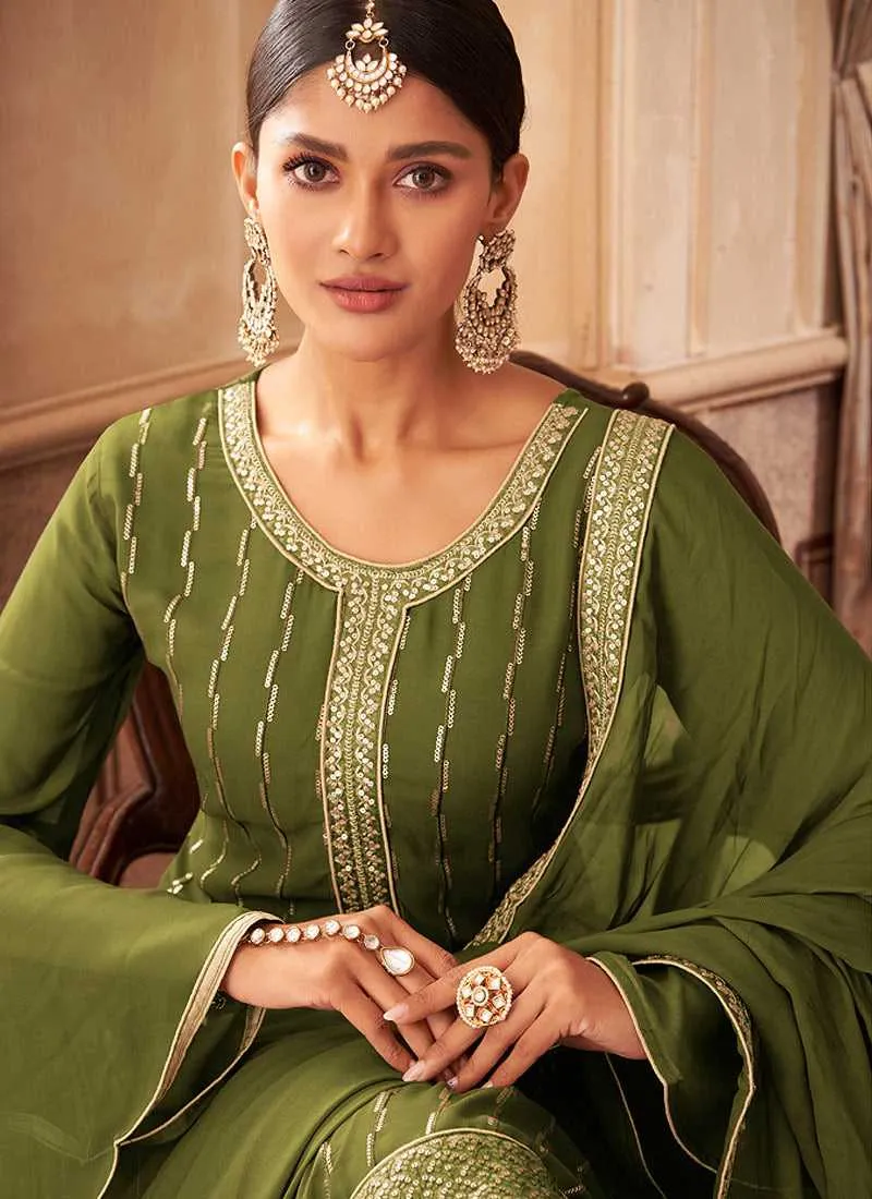 Green Embroidered Stylish Palazzo Style Suit