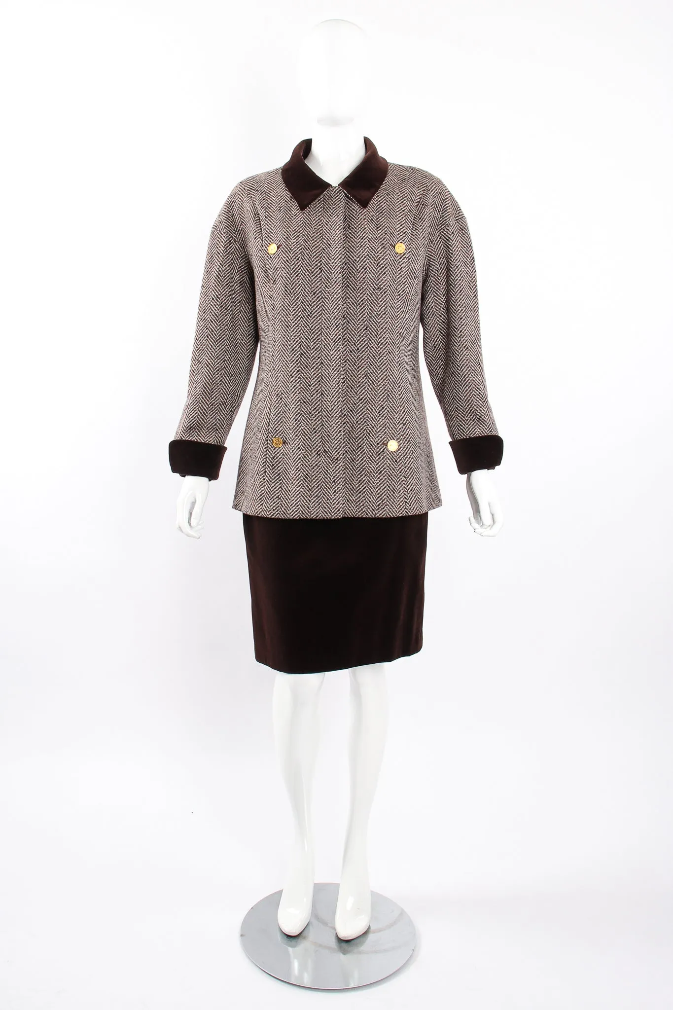 Herringbone Tweed Velvet Jacket & Skirt Set