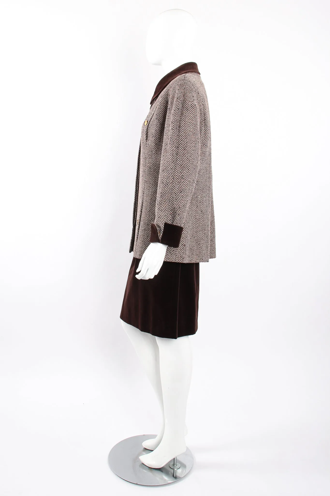 Herringbone Tweed Velvet Jacket & Skirt Set