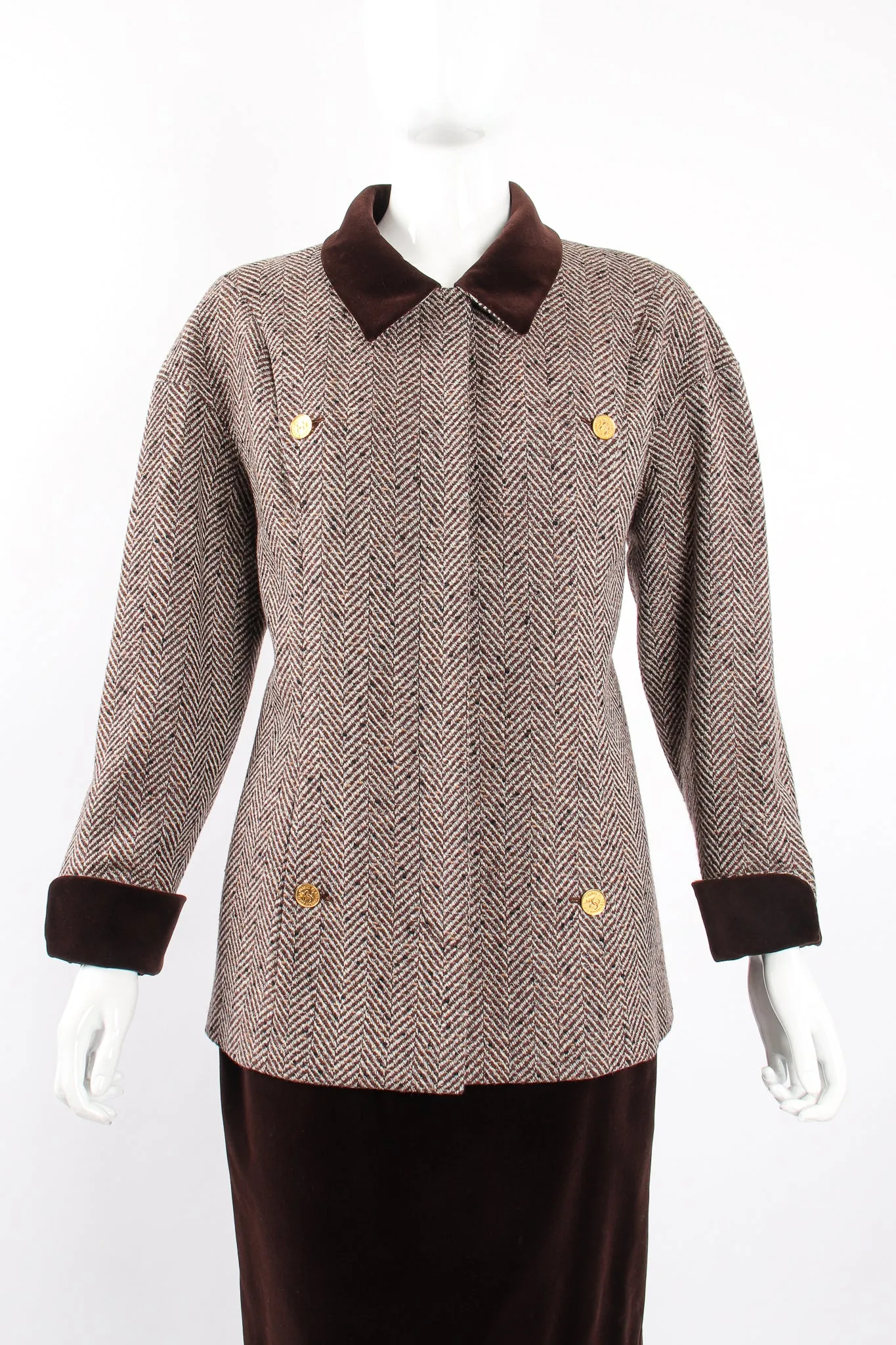 Herringbone Tweed Velvet Jacket & Skirt Set
