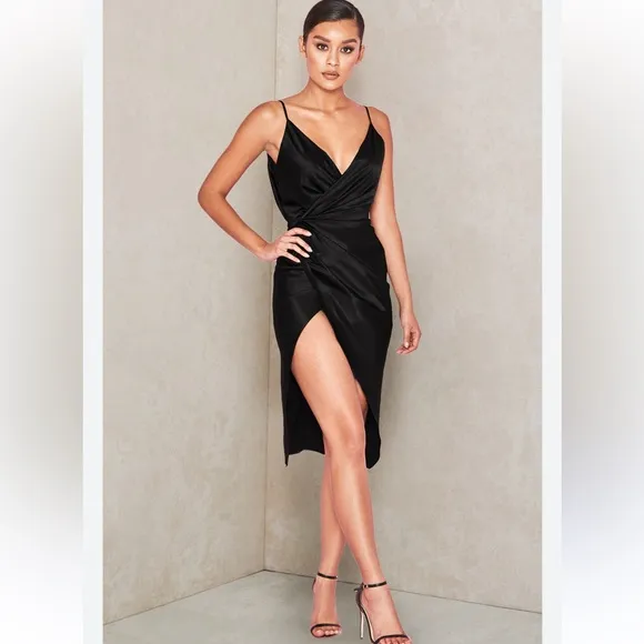 House Of CB Coco BLACK SATIN DRAPE BACK DRESS