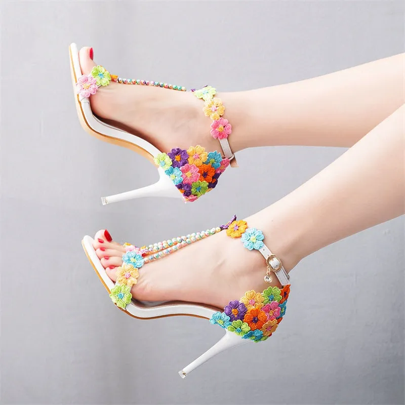 Ladies Wedding Bridesmaid Beads Buckle Belt Iridescent Pumps