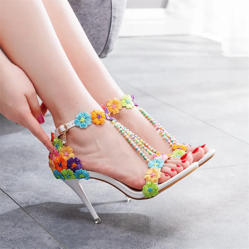 Ladies Wedding Bridesmaid Beads Buckle Belt Iridescent Pumps