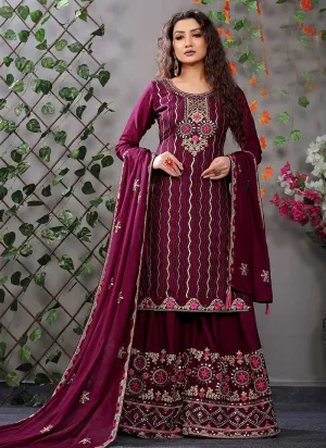Magenta and Gold Embroidered Stylish Palazzo Suit