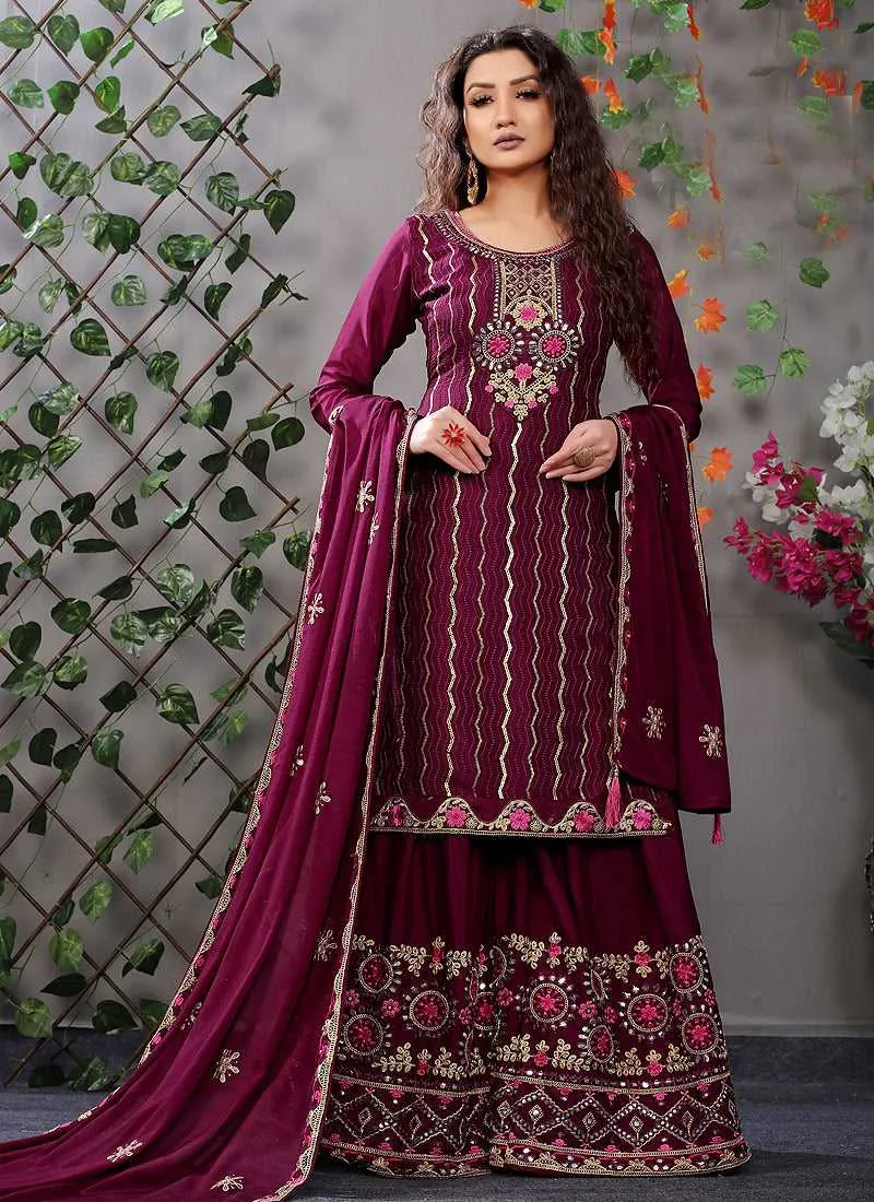 Magenta and Gold Embroidered Stylish Palazzo Suit