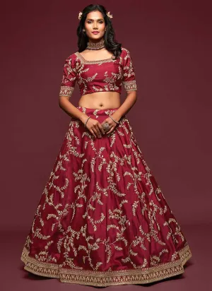 Maroon And Gold Silk Embroidered Stylish Lehenga Choli