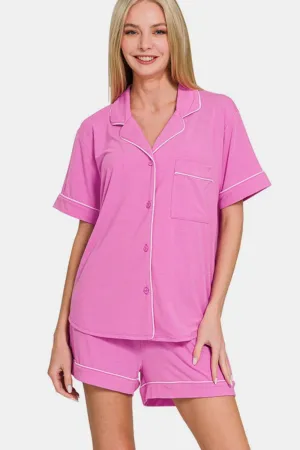 Mauve Button Down Short Sleeve Top and Shorts Lounge Set