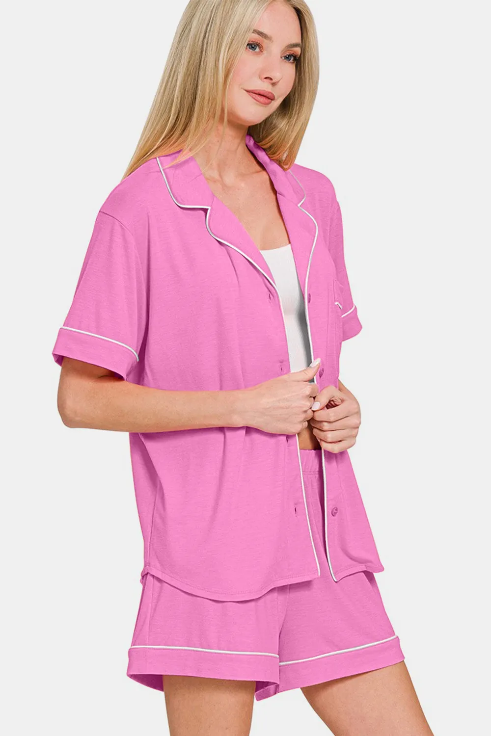 Mauve Button Down Short Sleeve Top and Shorts Lounge Set